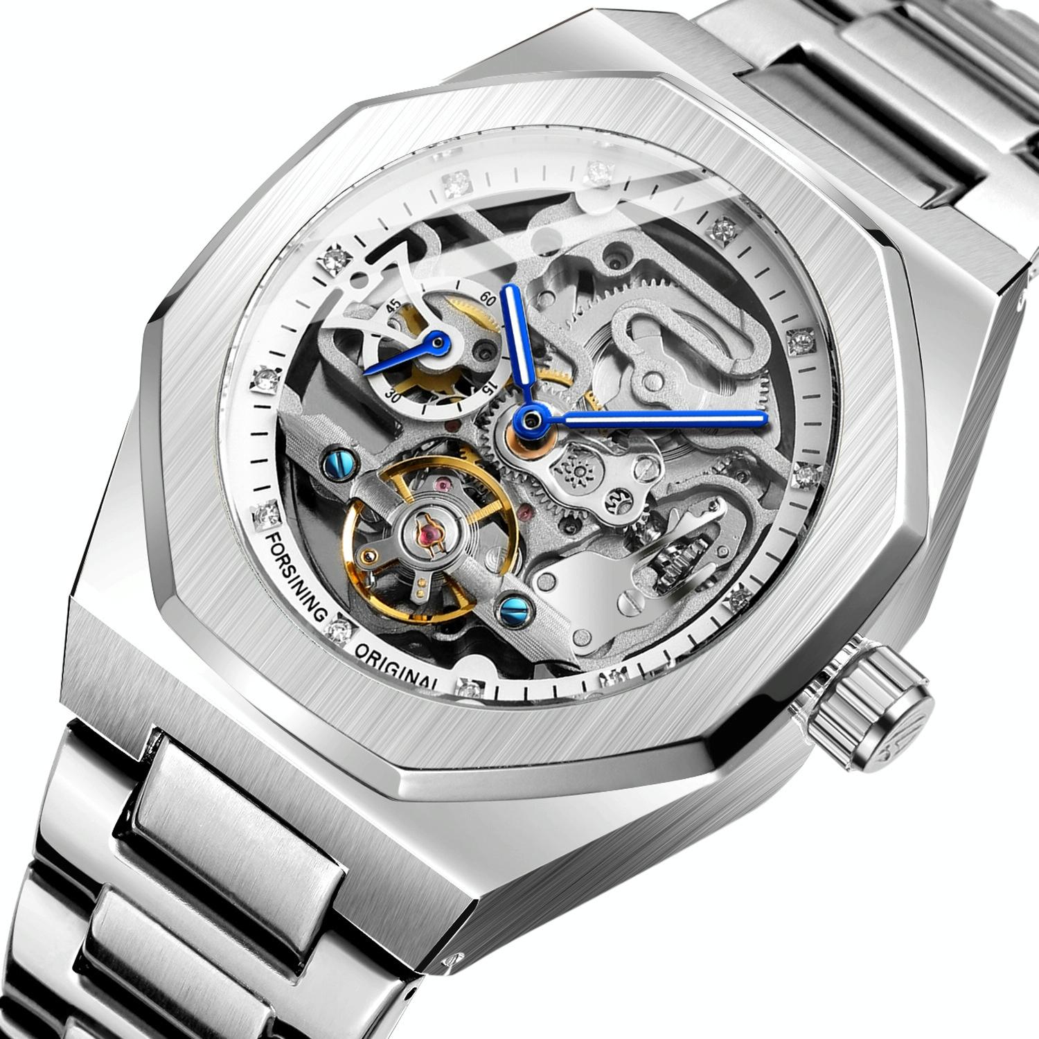 Men Automatic Mechanical Watch with Luminous Dial and Steel Band - Silver Belt White Face