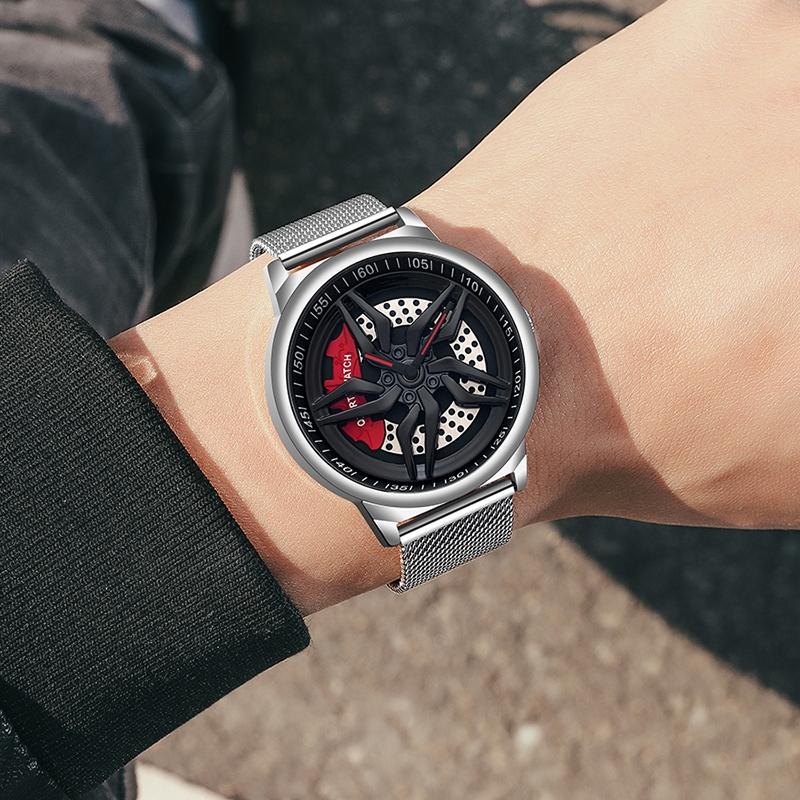 Men 360 Degree Hollow Dial Mesh Strap Quartz Watch - Spinning Design - Black