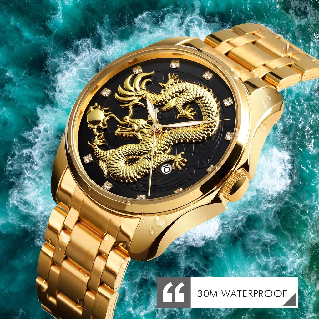 Men Golden Dragon Calendar Dial Quartz Watch with Luminous Hands - Gold