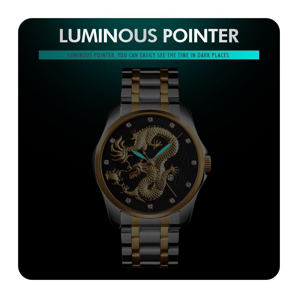 Men Golden Dragon Calendar Dial Quartz Watch with Luminous Hands - Gold