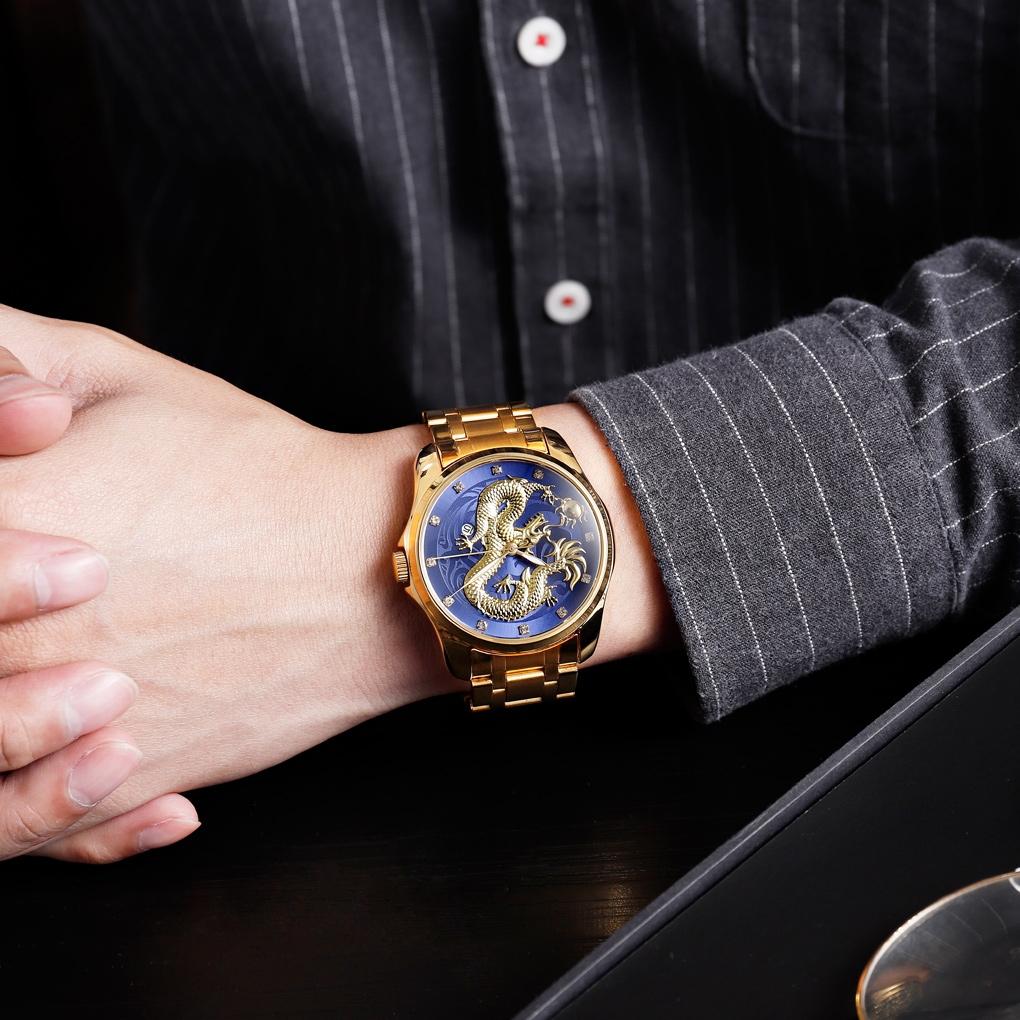 Men Golden Dragon Calendar Dial Quartz Watch with Luminous Hands - Gold