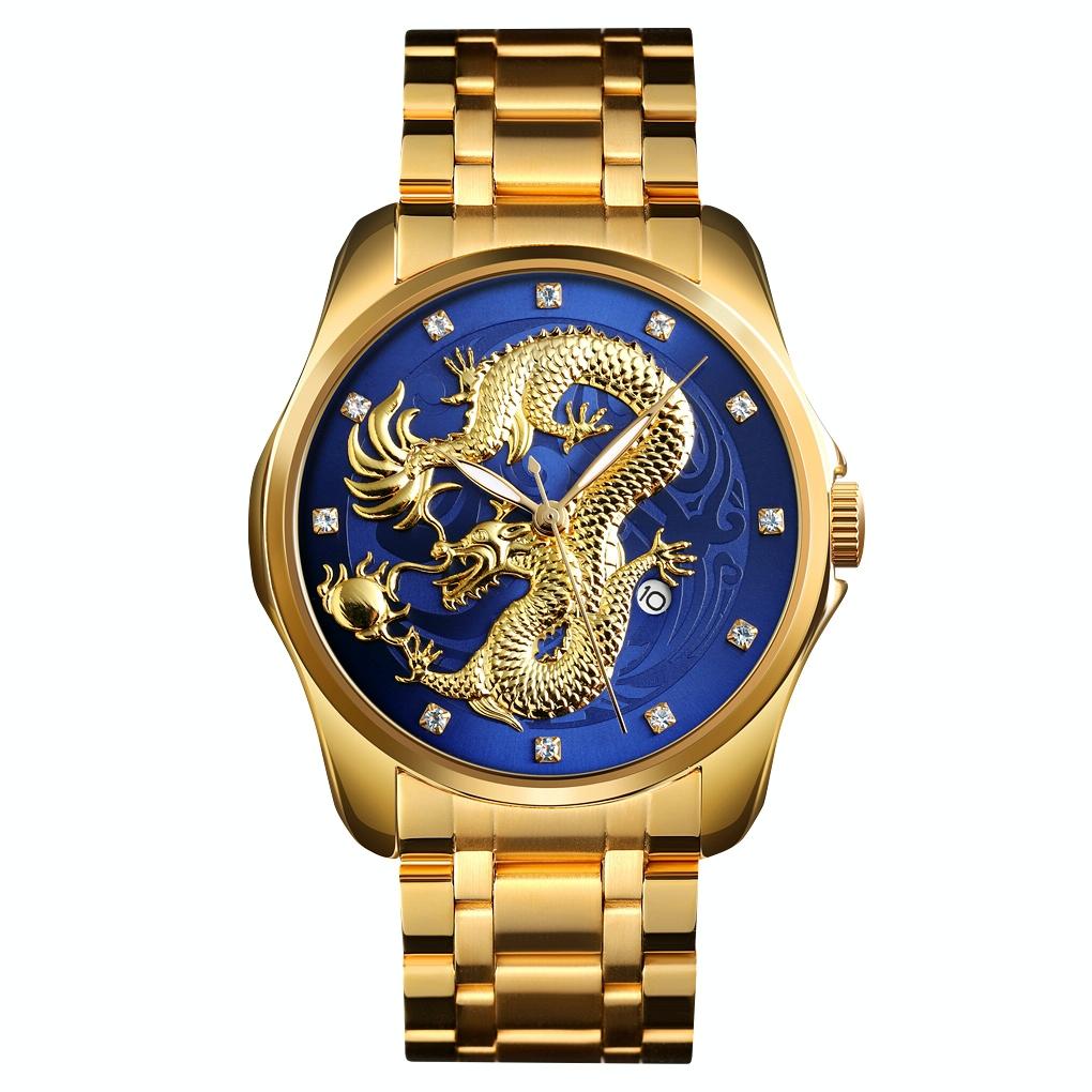 Men Golden Dragon Calendar Dial Quartz Watch with Luminous Hands - Gold