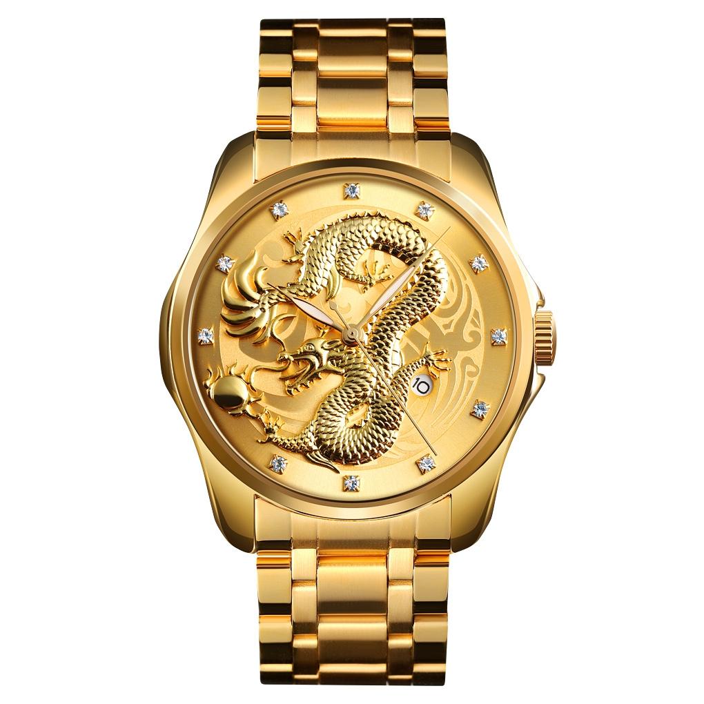 Men Golden Dragon Calendar Dial Quartz Watch with Luminous Hands - Gold Blue