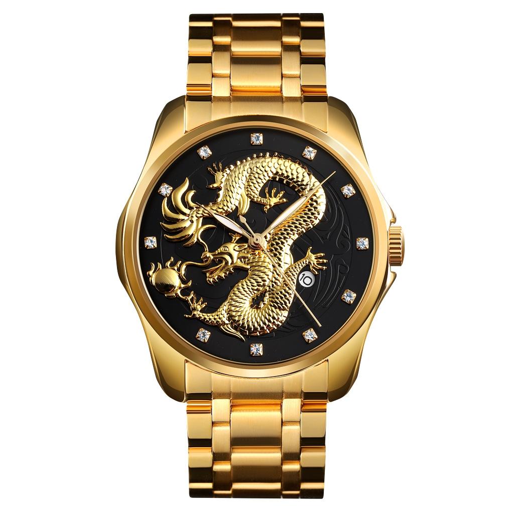 Men Golden Dragon Calendar Dial Quartz Watch with Luminous Hands - Gold Blue