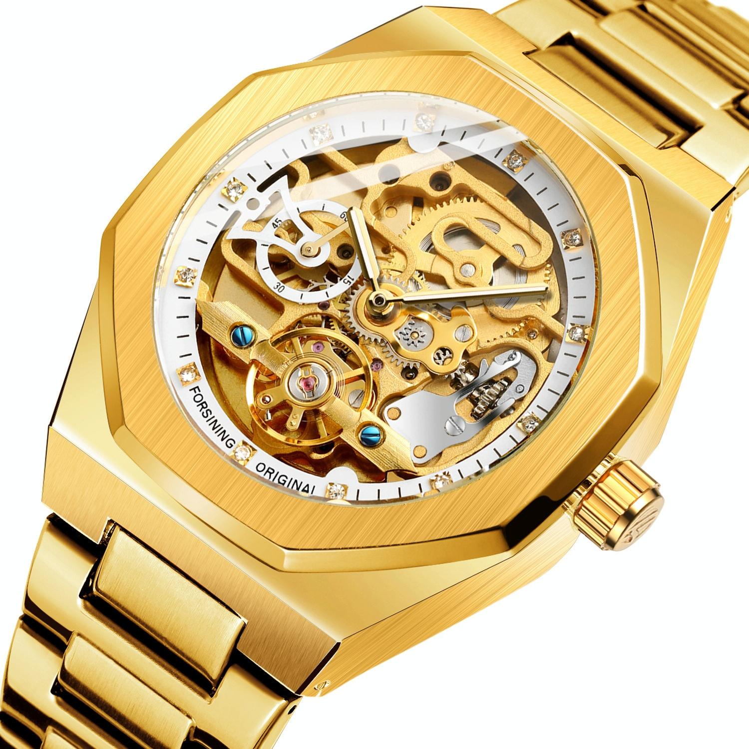 Men Automatic Mechanical Watch with Luminous Dial and Steel Band - Gold Belt Black Face
