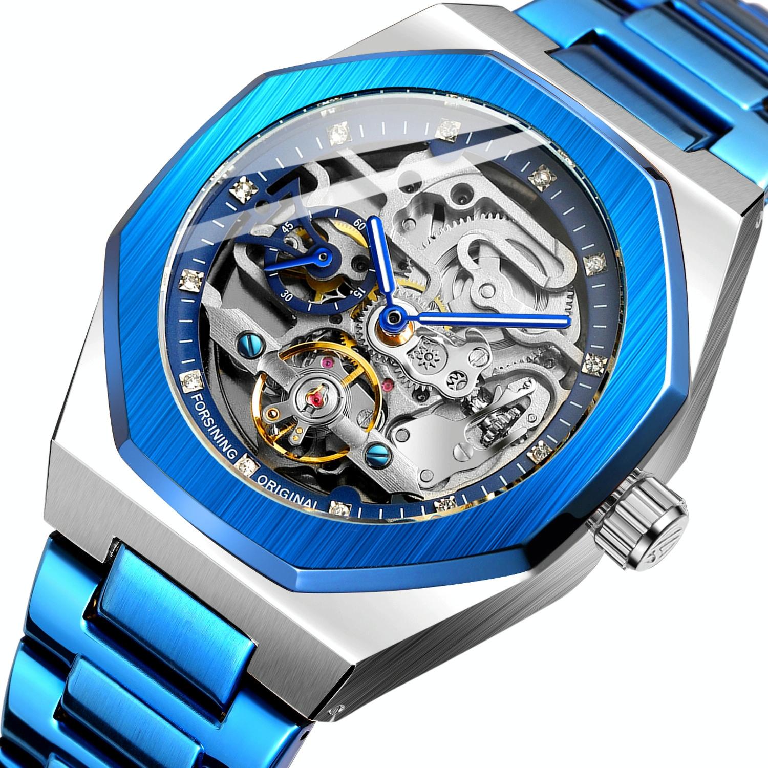 Men Automatic Mechanical Watch with Luminous Dial and Steel Band - Gold Belt Black Face
