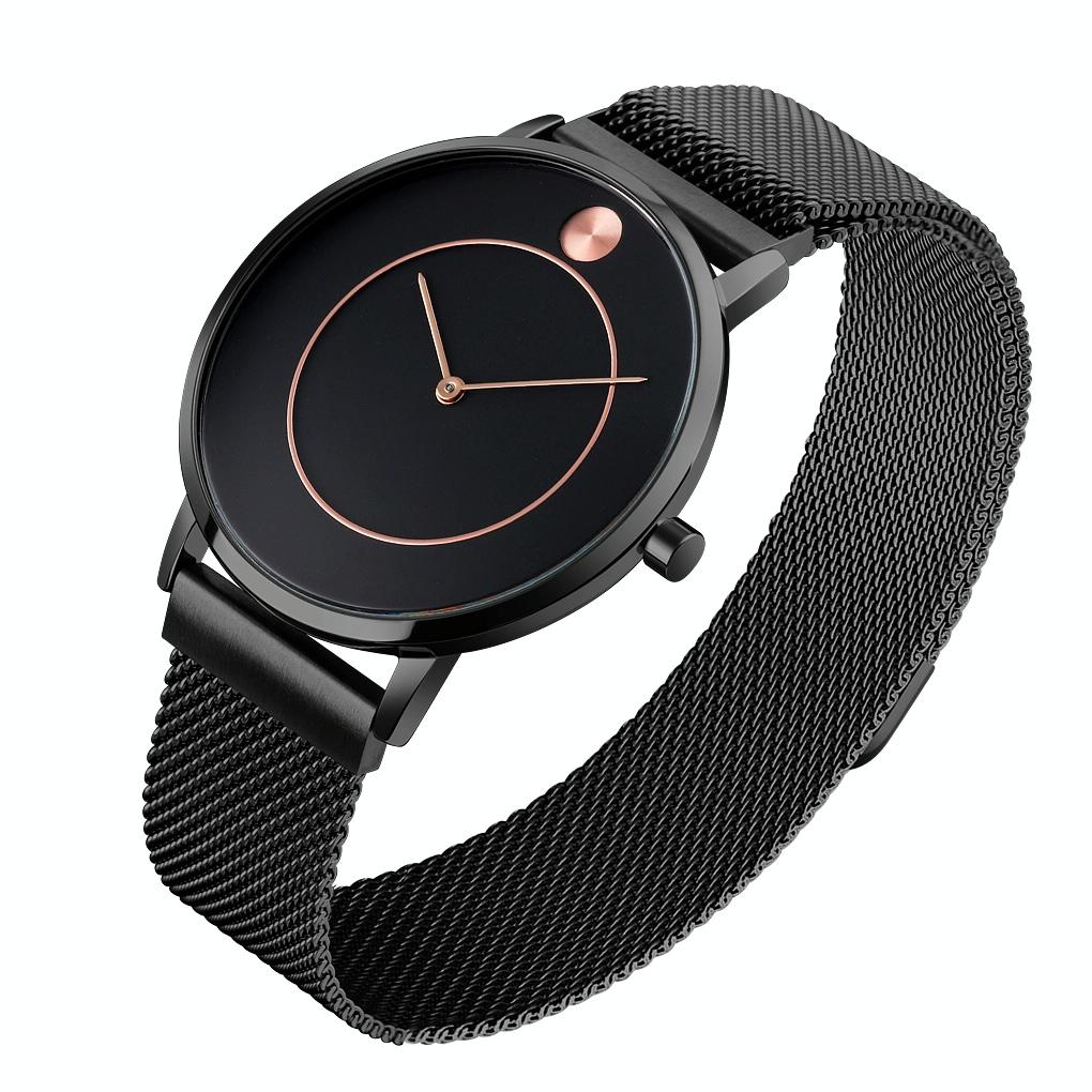 Women Metal Mesh Quartz Watch with Non-scale Dial - Silver Shell Black Surface