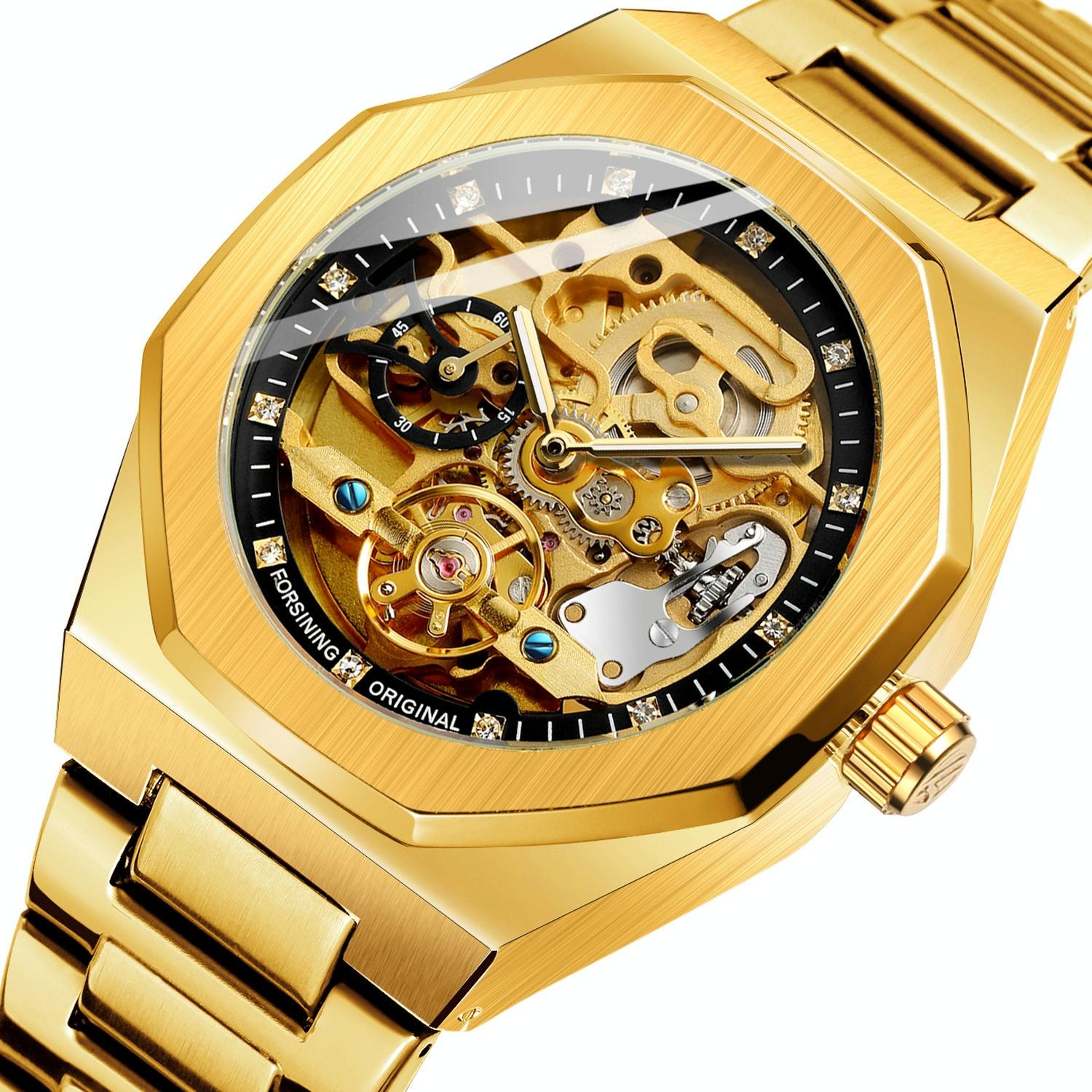Men Automatic Mechanical Watch with Luminous Dial and Steel Band - Gold Belt White Face