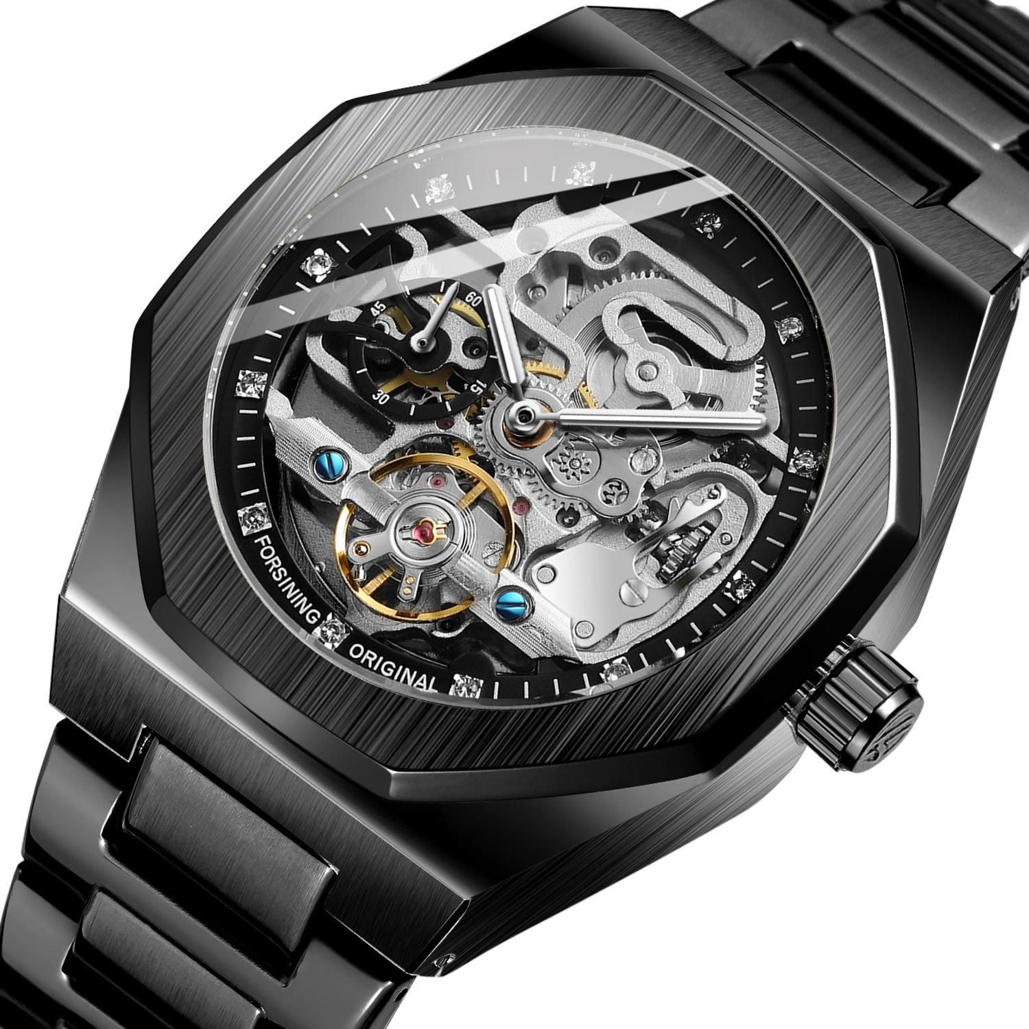 Men Automatic Mechanical Watch with Luminous Dial and Steel Band - Black Belt Black Face