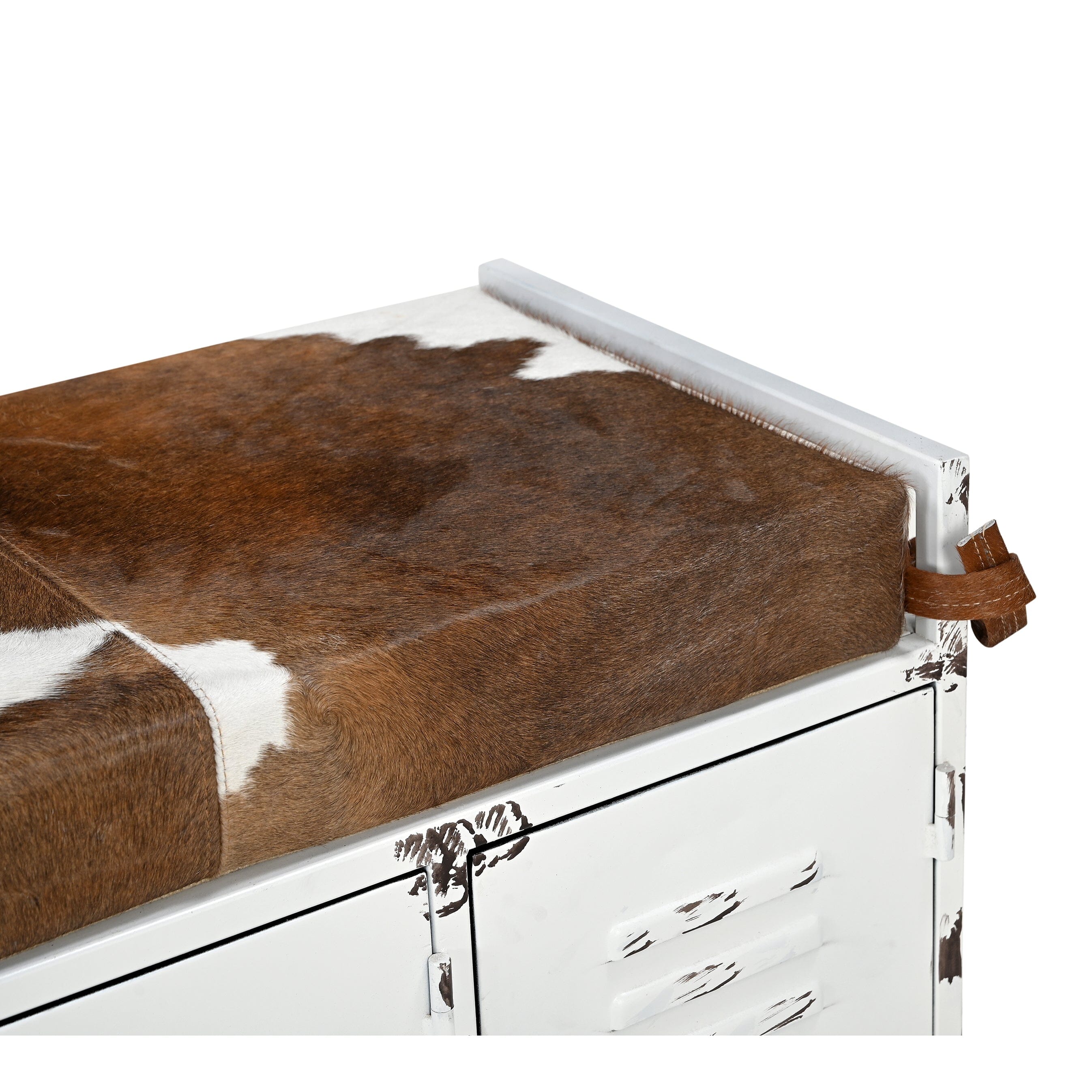 COWHIDE IRON LOCKER BENCH