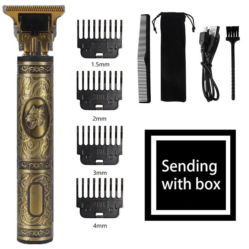 Wolf Emblem Vintage Cordless Hair Trimmer (Gold)- Professional Grooming Kit with Adjustable Guards, USB Charging, and Accessories