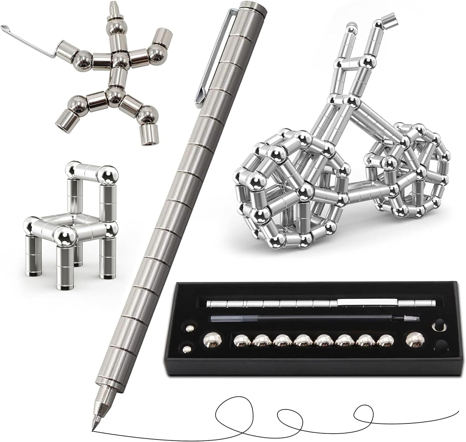 (2 set) Magnetic Fingertip Pen Building Toy Set - Multifunctional Silver Magnet Pen with Creative Building Blocks and Replacement Refills