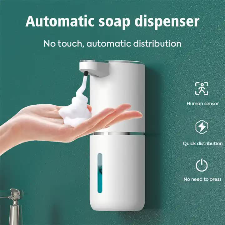 White Automatic Foaming Soap Dispenser with Rechargeable Battery, Touch Control, and 380ml Capacity - IPX5 Waterproof