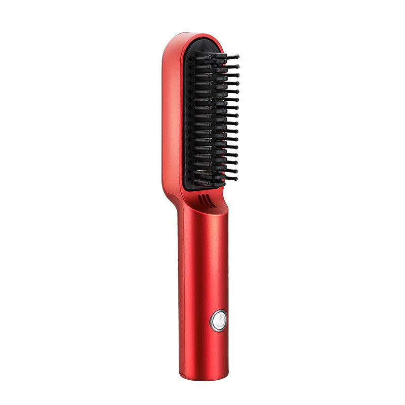 Red Wireless 2-in-1 Ceramic Hair Straightener & Curler - Portable Travel Hot Comb, Rechargeable Hair Styling Tool