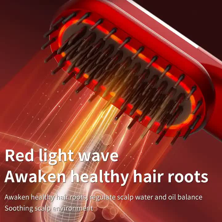 Red Mini Rechargeable Ionic Hair Straightening Comb | Portable Wireless Vibration Massage Brush for Frizz-Free, Smooth Hair