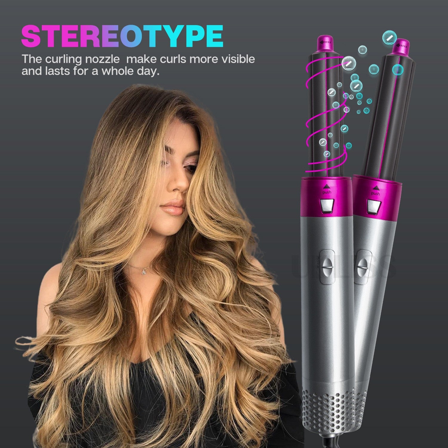 Pink 5-in-1 Hot Air Blow Dryer Brush, Automatic Curling Iron, Straightener & Volumizing Brush - Multi-Function Hair Styling Tool