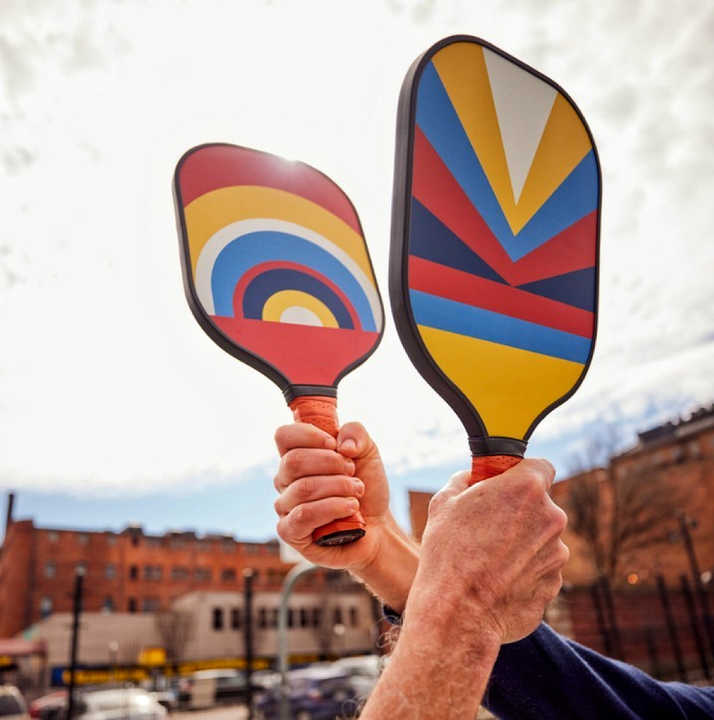 Style 3 Colorful  Geometric Patterns Fiberglass Pickleball Paddle Set - 2 Paddles, 4 Balls, and Portable Carry Bag for Outdoor Play