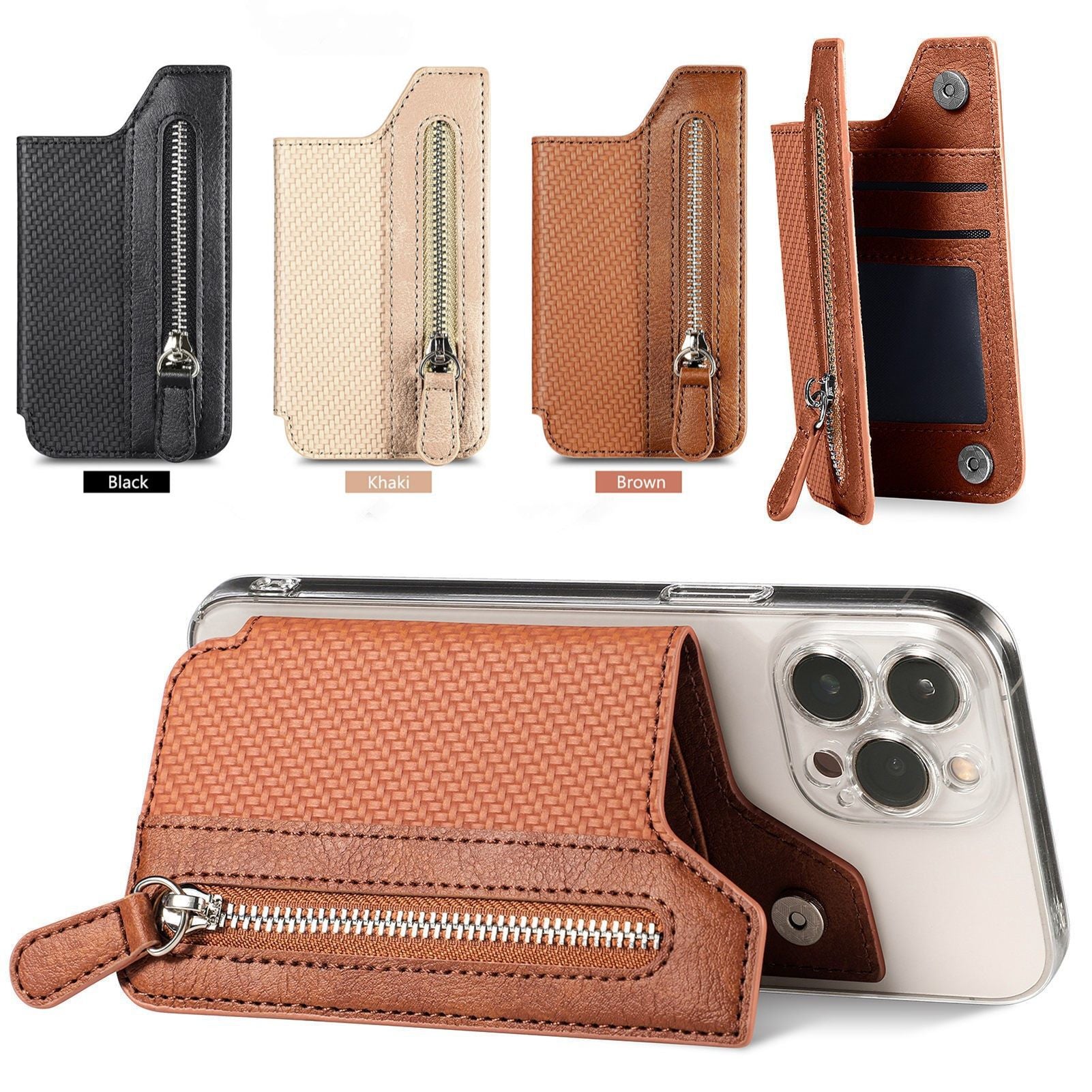 2 Pcs Black Multifunction Stick-On Phone Wallet - PU Leather Card Holder with Zipper & Flip Cover