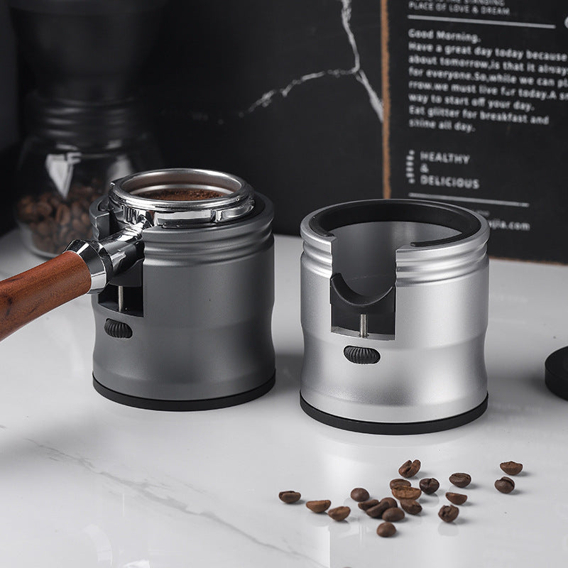 Silver Round Professional Aluminum Espresso Tamping Station - Adjustable Portafilter Holder Stand