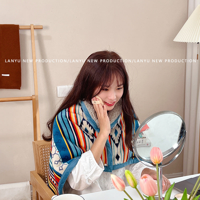 Double-Sided Geometric & Plush Throw Blanket - Warm 70x100cm Multi-Use Wrap(Color stripes/Back side light brown)