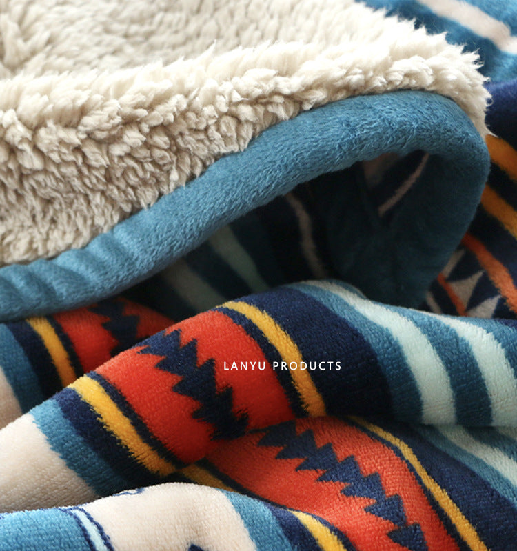 Double-Sided Geometric & Plush Throw Blanket - Warm 70x100cm Multi-Use Wrap(Color stripes/Back side light brown)