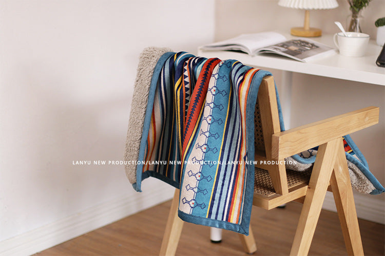 Double-Sided Geometric & Plush Throw Blanket - Warm 70x100cm Multi-Use Wrap(Color stripes/Back side light brown)