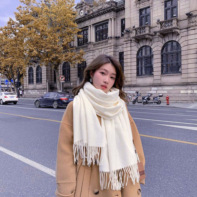 Luxury Cashmere Blend Scarf, Large 200x70cm Fringed Scarf (White)