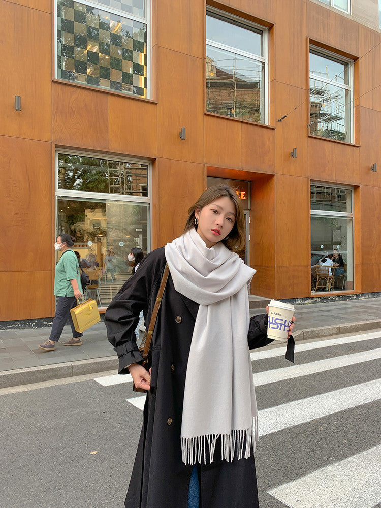 Luxury Cashmere Blend Scarf, Large 200x70cm Fringed Scarf (Ivory)