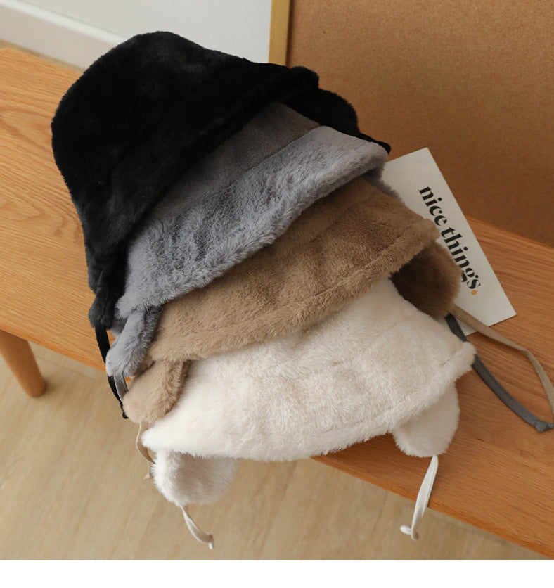 Plush Bucket Hat with Ear Flaps,Warm Furry Winter Hat in Black-One size (54-59cm) adjustable