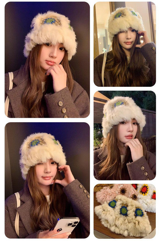 Plush Floral Bucket Hat,Warm Crocheted Winter Hat  in Khaki-Hat circumference: 56-60cm