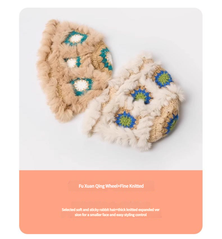 Plush Floral Bucket Hat,Warm Crocheted Winter Hat  in Khaki-Hat circumference: 56-60cm