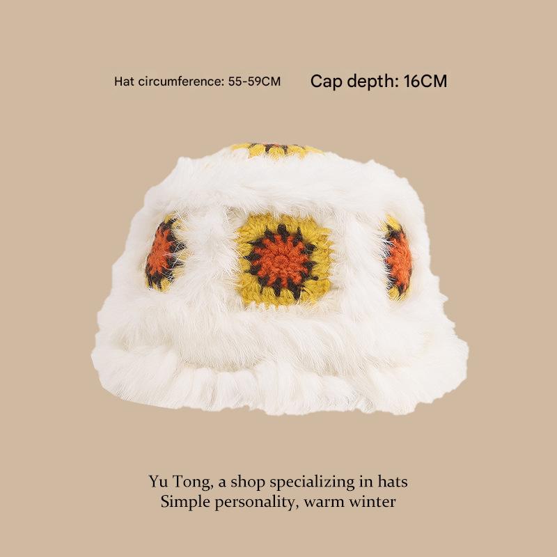 Plush Floral Bucket Hat,Warm Crocheted Winter Hat in White yellow-Hat circumference: 56-60cm
