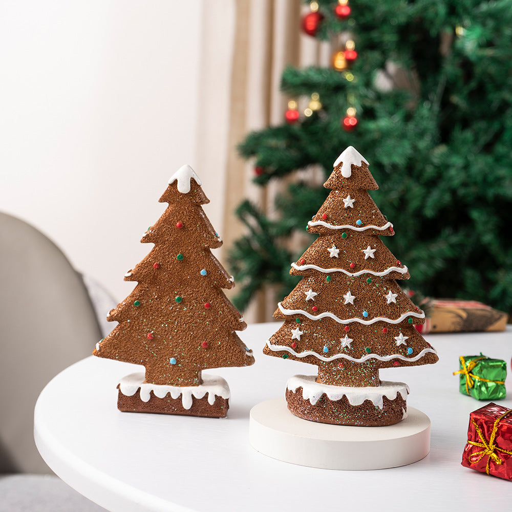 2 Pcs (1 Yellow + 1 Brown) Charming Gingerbread Christmas Tree Figurine - Festive Resin Holiday Table Decor Ornament