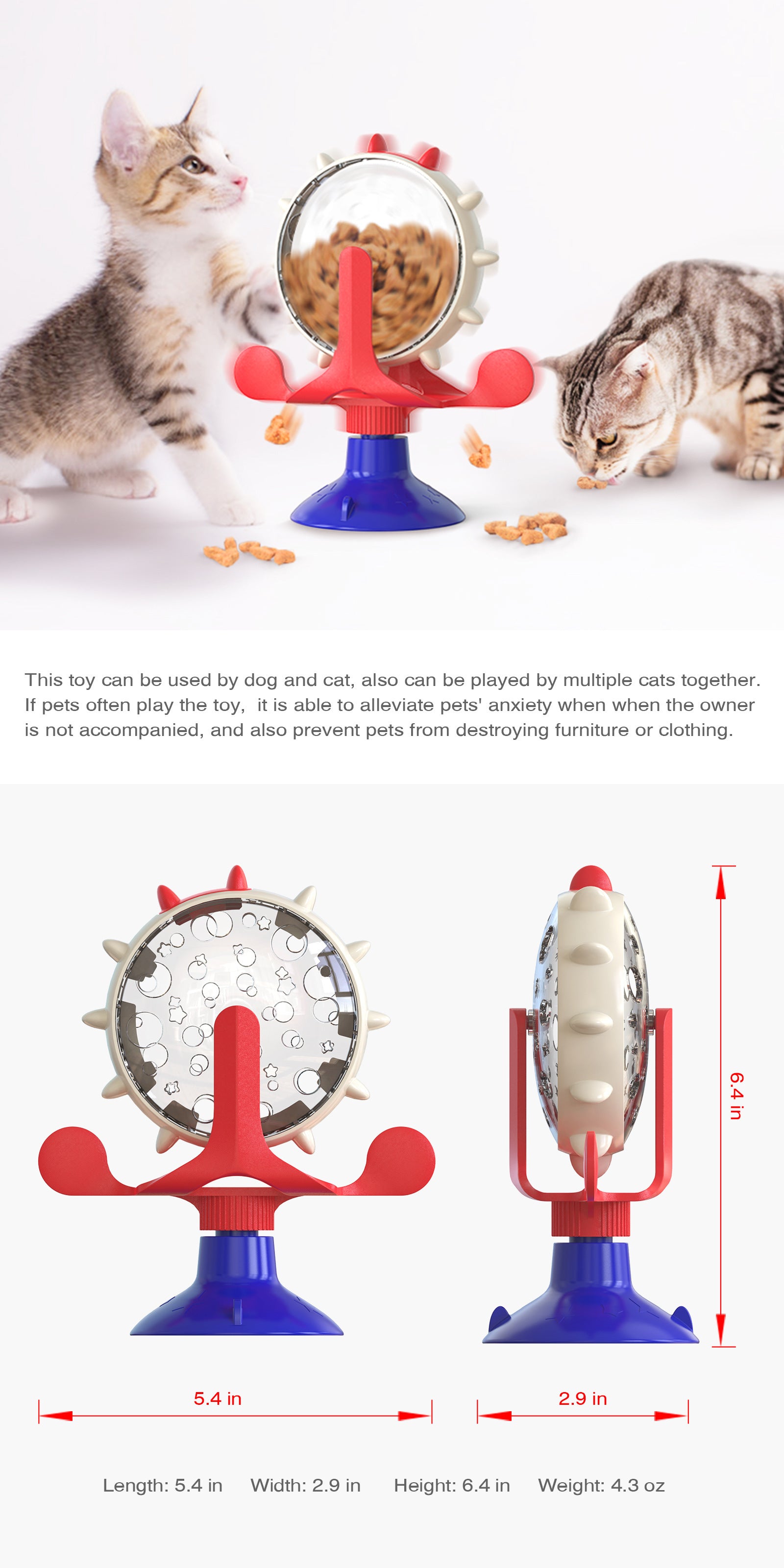 Red,Blue and White Interactive Pet Treat Dispenser - Spinning Wheel Food Puzzle Toy for Cats & Dogs with Suction Cup Base