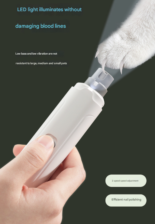 White Quiet Electric Pet Nail Grinder with LED Light - 2-Speed USB-C Rechargeable Trimmer for Dogs & Cats Grooming