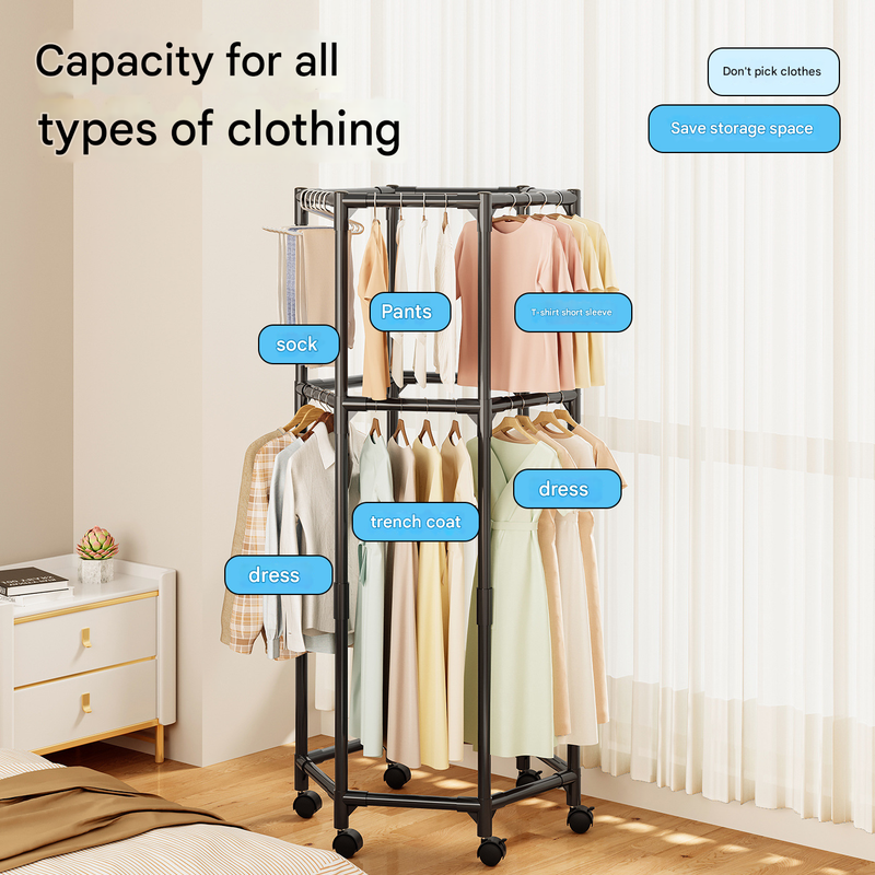 Black single layer  360°Rotating Portable Garment Rack - Heavy Duty Rolling Clothes Stand with Wheels for Bedroom & Laundry