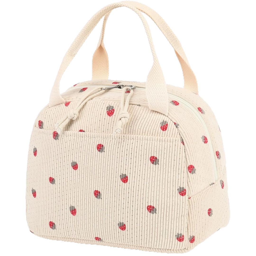 Green Strawberry Pattern Corduroy Lunch Bag - Insulated Thermal Cooler Tote for School Work and Picnics