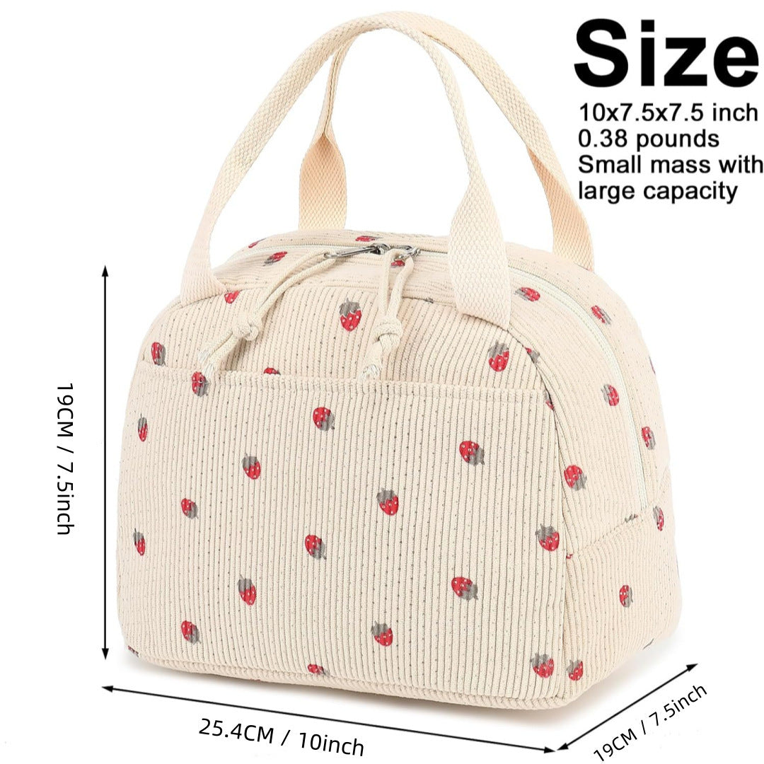 Beige Checkered Pattern Corduroy Lunch Bag - Insulated Thermal Cooler Tote for School Work and Picnics