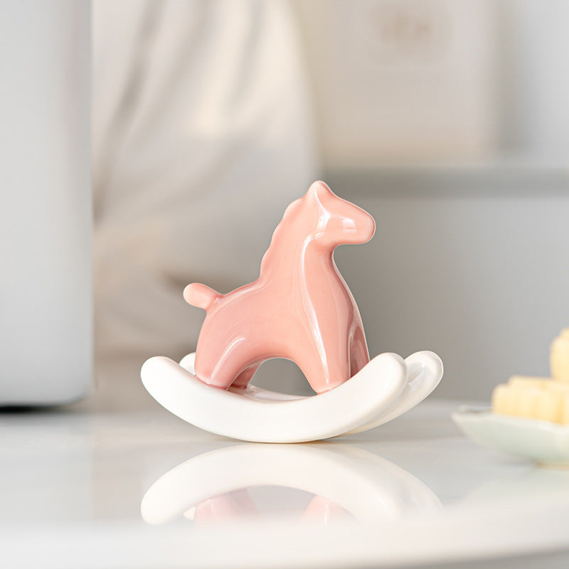 Pink Modern Ceramic Rocking Horse Ornament - Cute Porcelain Figurine for Desk & Shelf Decor