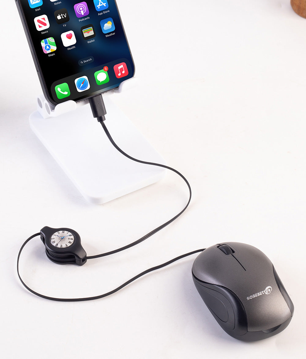 Grey and Black Portable Mini USB-C Mouse with Retractable Cable - Silent Click Travel Mouse for Laptop, MacBook, Tablet