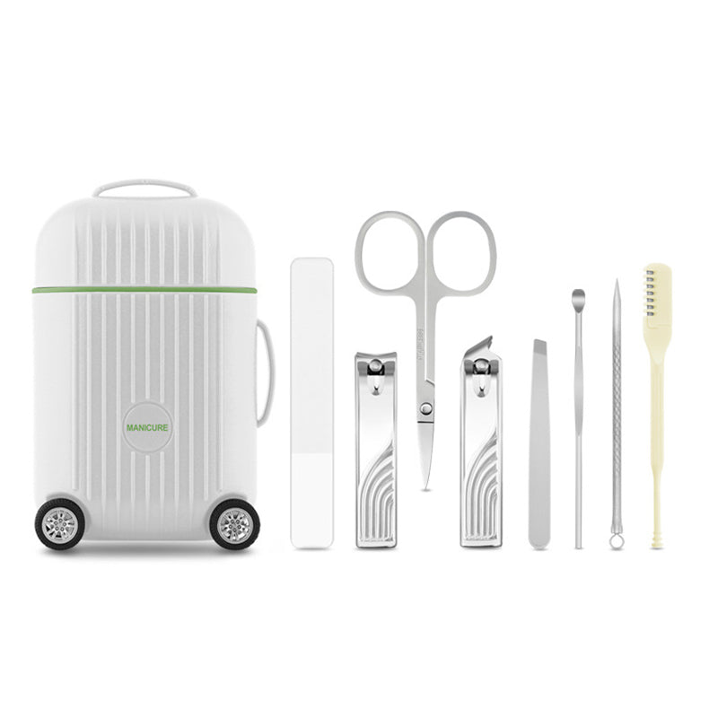 White Mini Suitcase Manicure Set - 8-Piece Portable Grooming & Nail Care Travel Kit