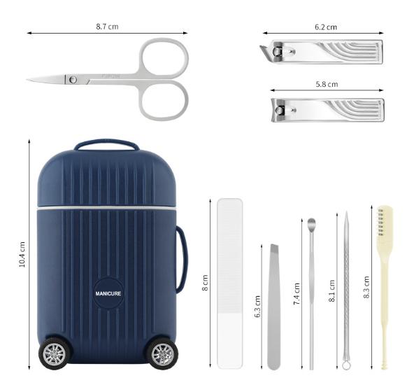 Dark Blue Mini Suitcase Manicure Set - 8-Piece Portable Grooming & Nail Care Travel Kit