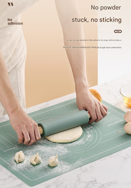 Green 3-Piece Silicone Baking Set - Non-Stick Pastry Mat with Measurements, Rolling Pin & Dough Scraper