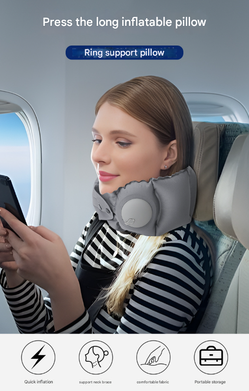 Dark Grey Press-Pump Inflatable Travel Pillow - Ultra-Lightweight Ergonomic 360° Neck Support