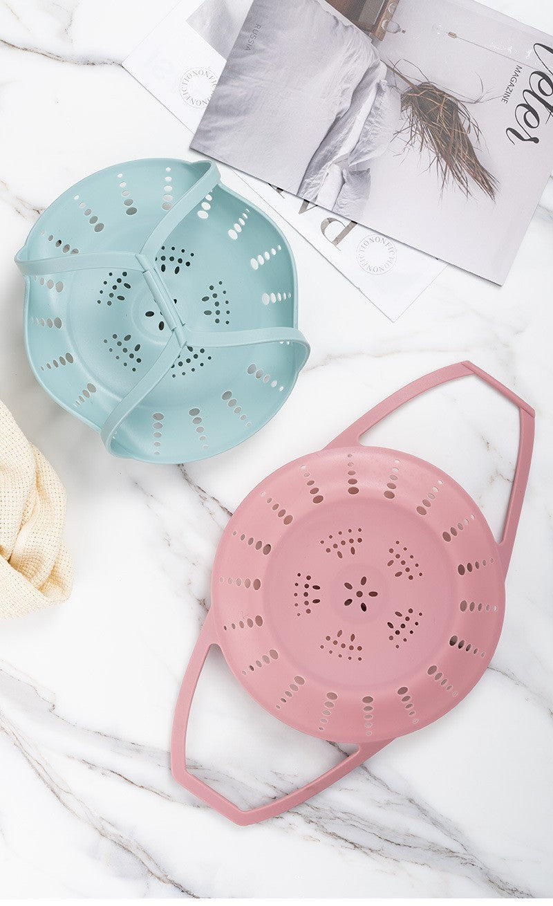 Small Pink Flexible Silicone Steamer Basket with Heat-Resistant Handles - Food-Grade Vegetable Steamer Insert for Pots & Pans