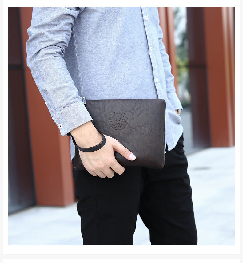 Brown Classic Men's PU Leather Clutch Bag - Slim Business Wristlet & Travel Pouch