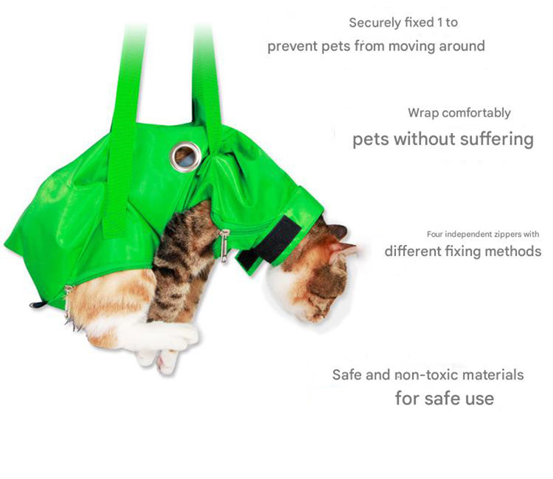 Size L Green Multi-Functional Cat Grooming Bag - Anti-Scratch Restraint Pouch for Nail Trimming and Vet Visits