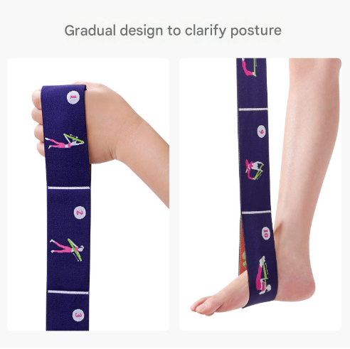 Grey Instructional Yoga Stretch Strap with Embroidered Pose Guide - 11-Loop Flexibility Band