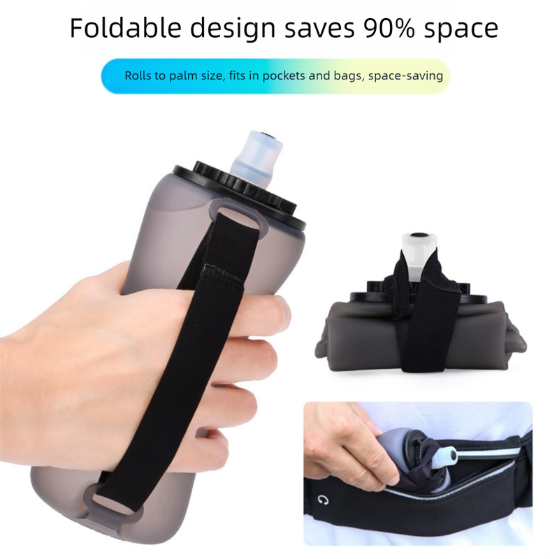 Blue Collapsible Handheld Running Flask - 350ml Lightweight Silicone Water Bottle with Bite Valve