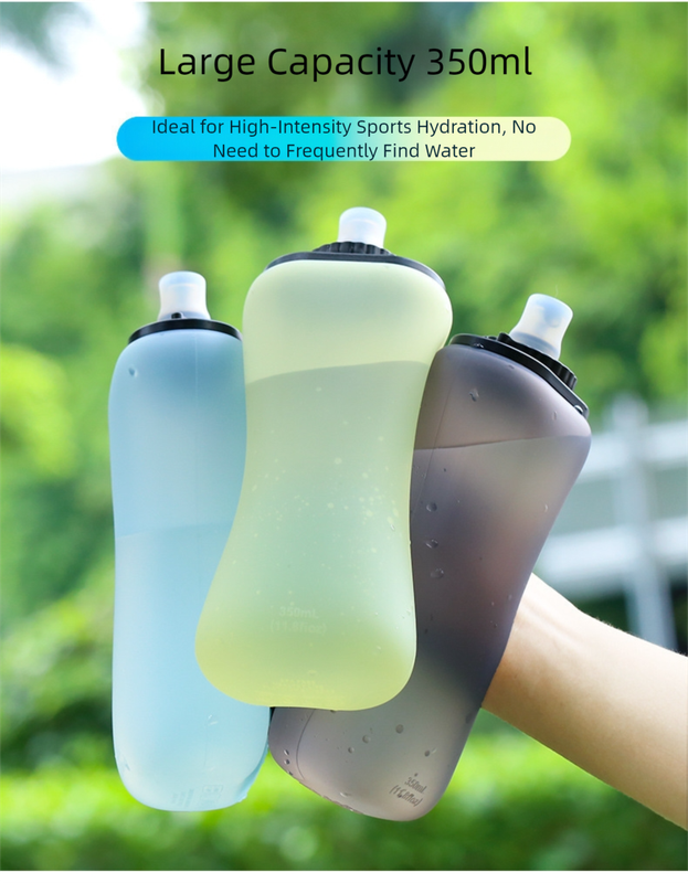 Black Collapsible Handheld Running Flask - 350ml Lightweight Silicone Water Bottle with Bite Valve